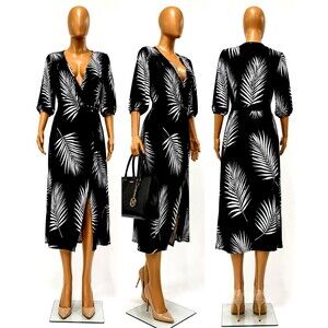 Ashley Stewart Womens 22/24W Black White Palm Leaf Wrap Maxi Dress Plus Side NWT